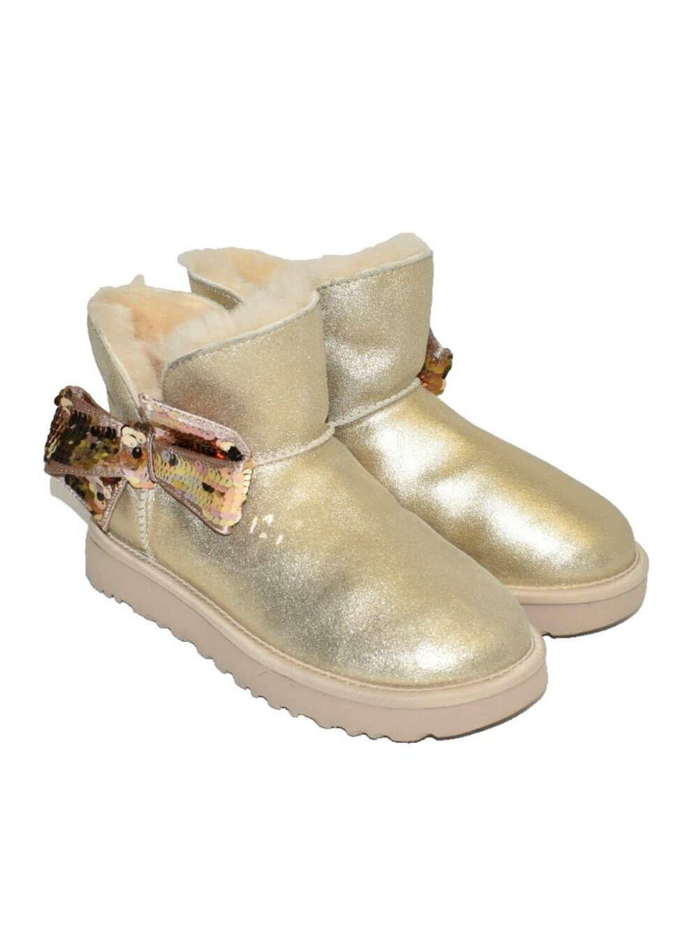 New! Ugg Mini Sequin Bow Bootie Gold Leather 1096012 DD28 one is size 6 other 7